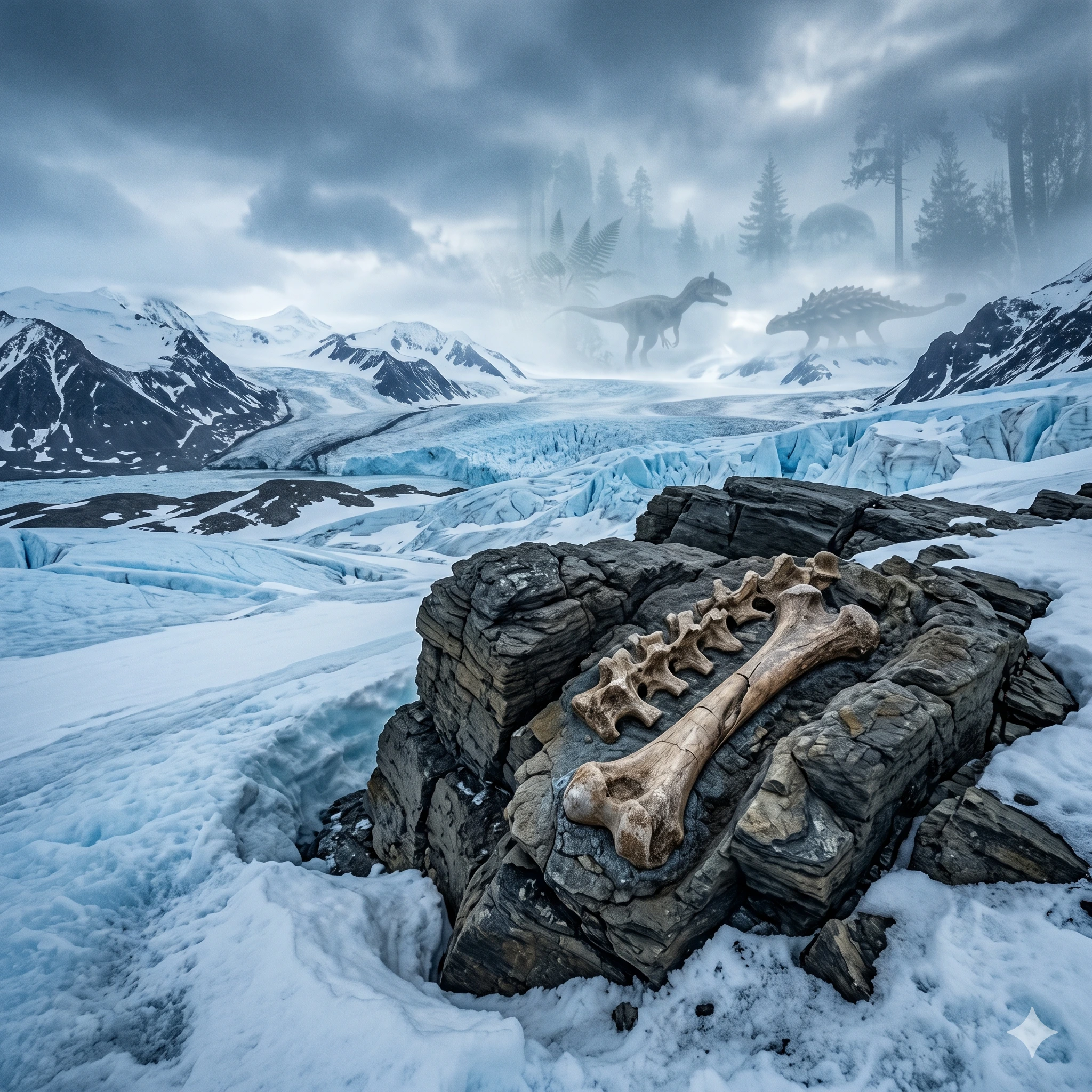 frozen dinosaurs in Antarctica fossil evidence and ancient polar forest science illustration
