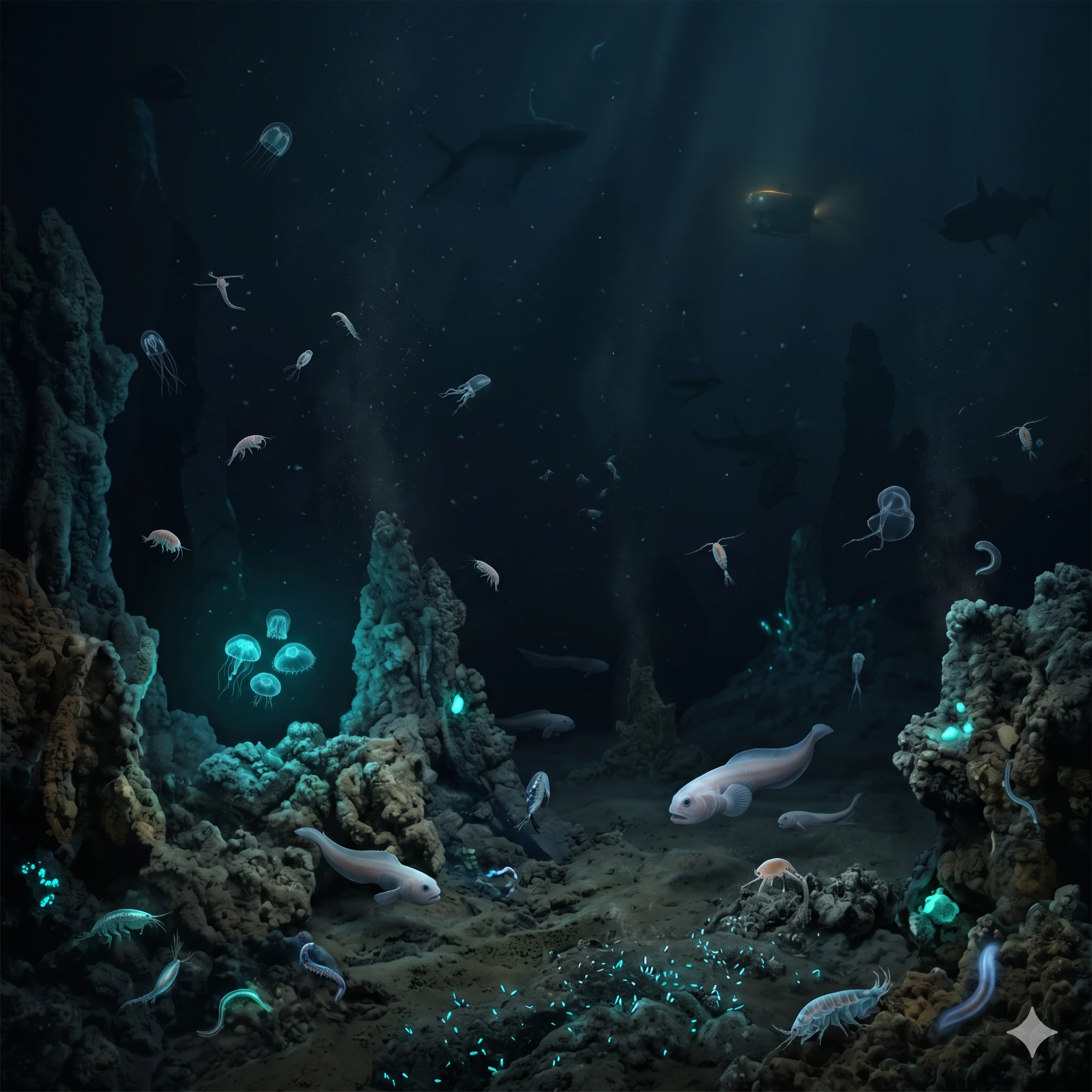 what lives in the Mariana Trench showing deep sea creatures in the dark ocean